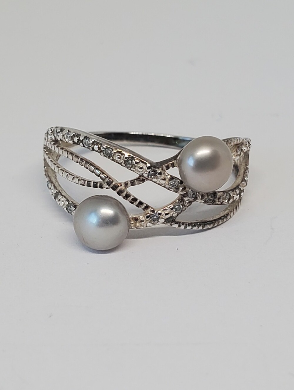 Avon Sterling Silver Pearl CZ Bypass Ring